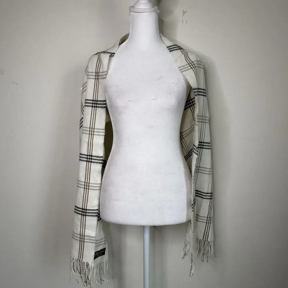 100% Cashmere Scotland Made Ivory Plaid Check Fringe Scarf Quiet Luxury Cozygirl
